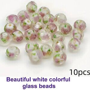 Beautiful white colorful glass beads With Rose Inlay  10 Beads 8mm